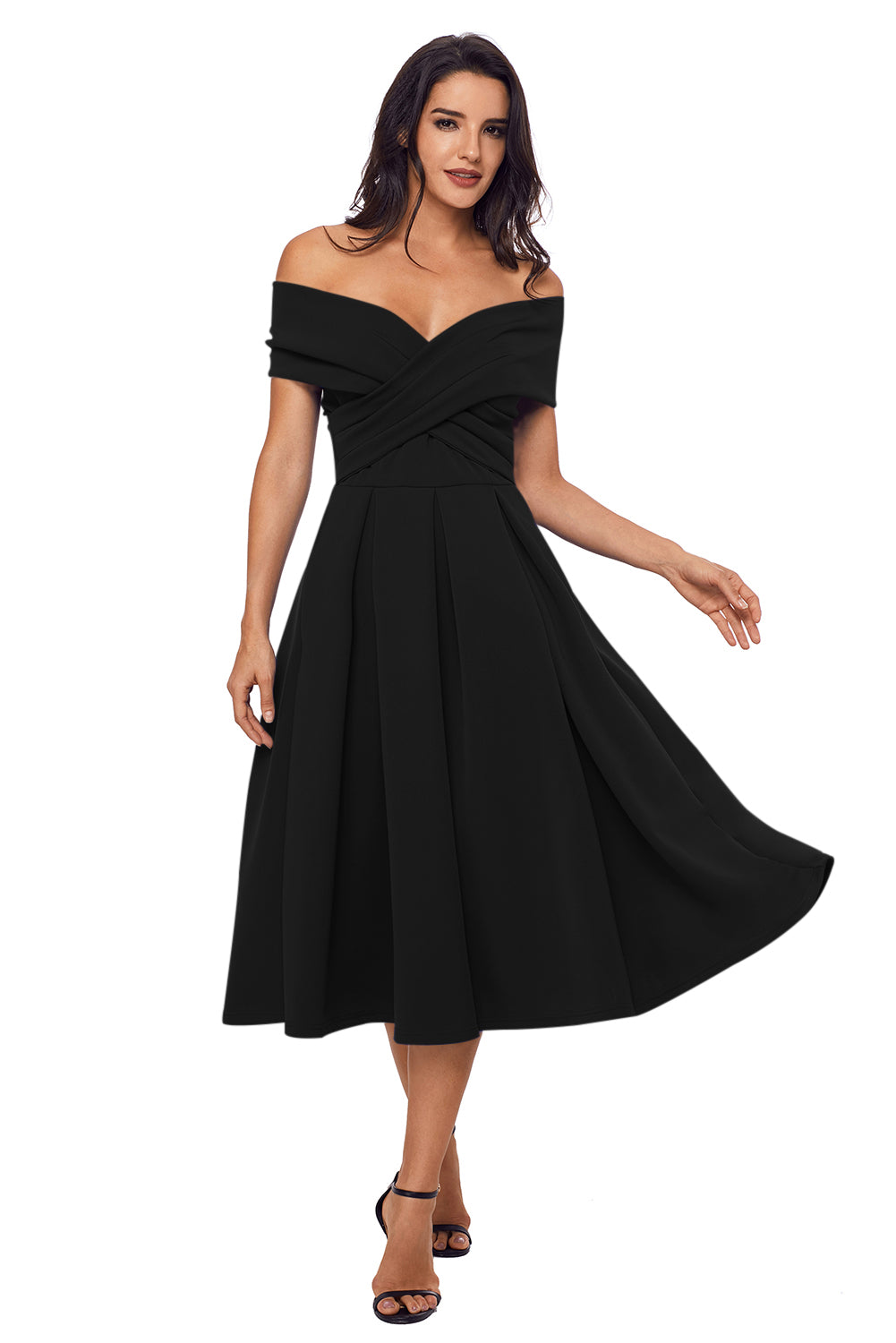 black off the shoulder fit and flare dress