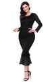 Sexy Black Hollow-out Long Sleeve Lace Ruffle Bodycon Midi Dress