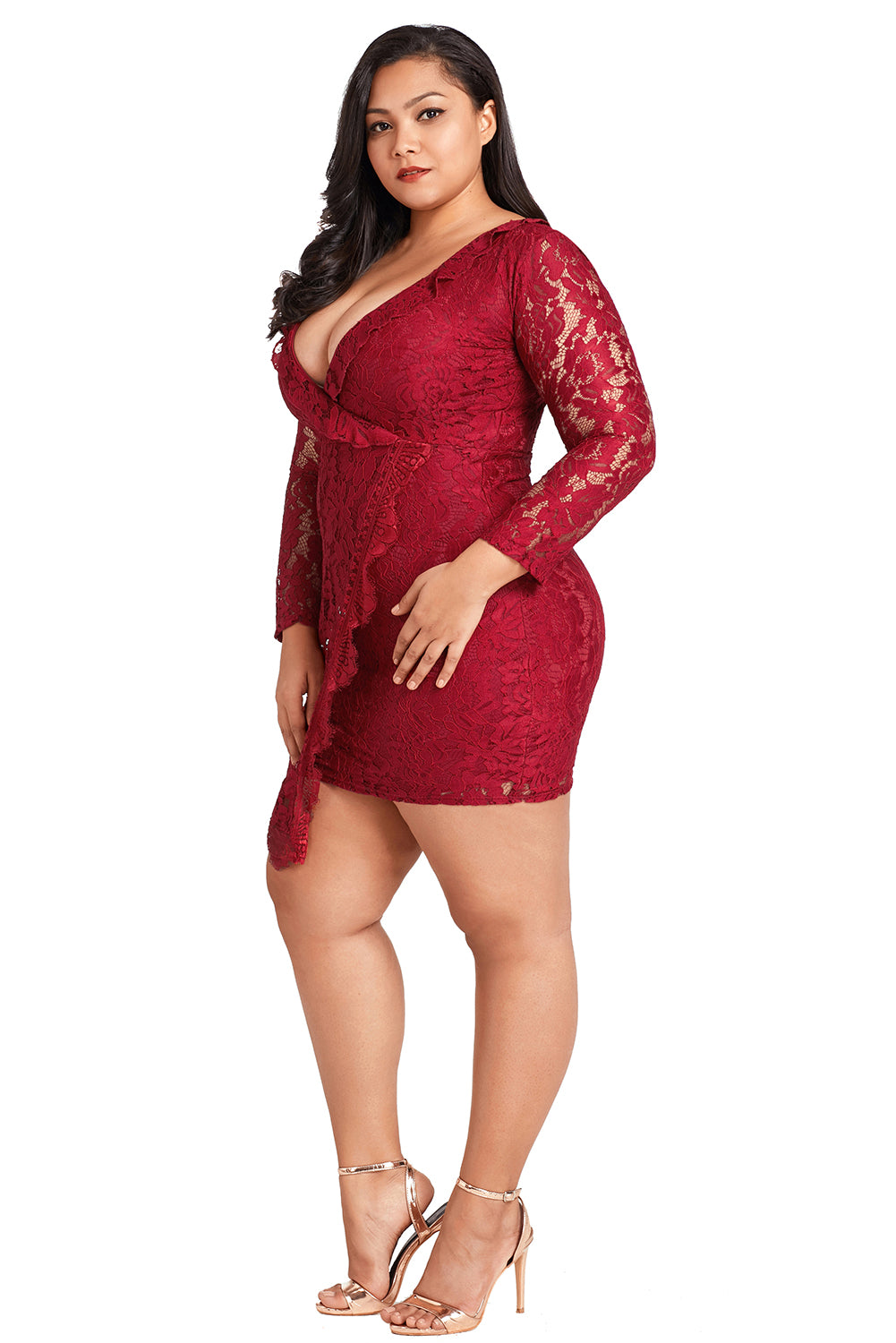 Sexy Burgundy Plus Size Lace Faux Wrap Ruffle Dress Sexy Affordable 2634