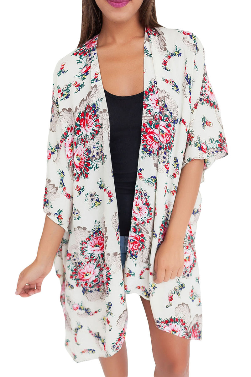 Sexy Flower Print Open Front Kimono in White – SEXY AFFORDABLE CLOTHING