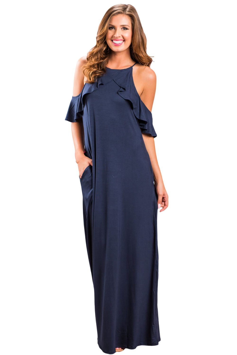 navy cold shoulder maxi dress