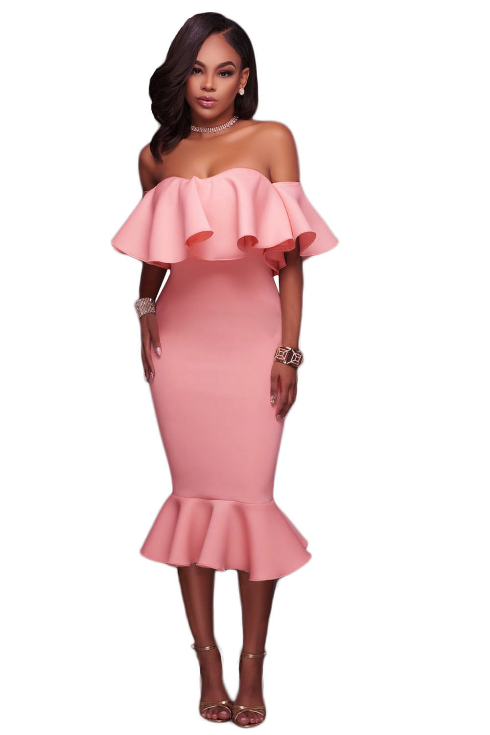 pink off the shoulder mermaid dress