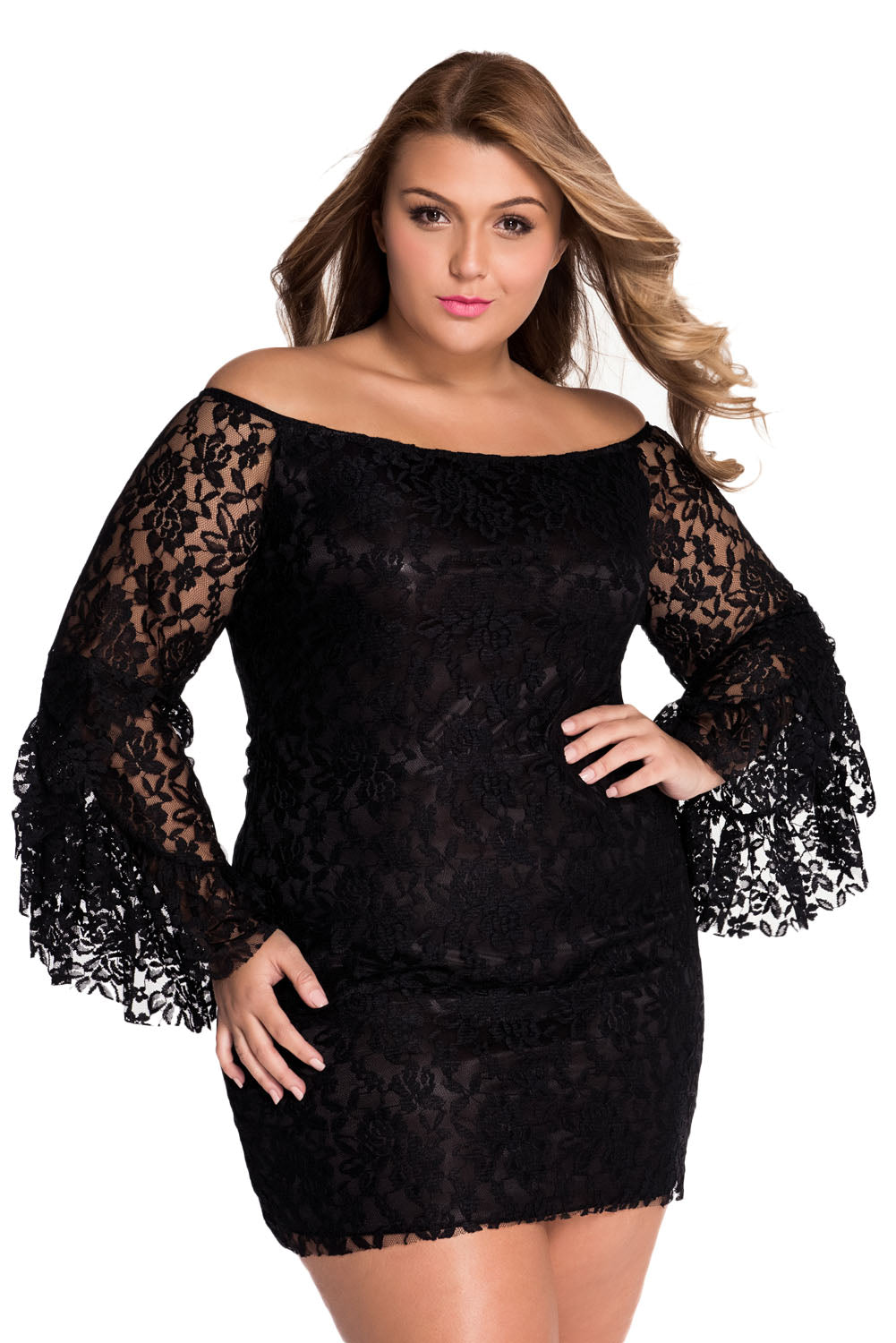 Sexy Plus Size Black Lace Off The Shoulder Mini Dress Sexy Affordable Clothing