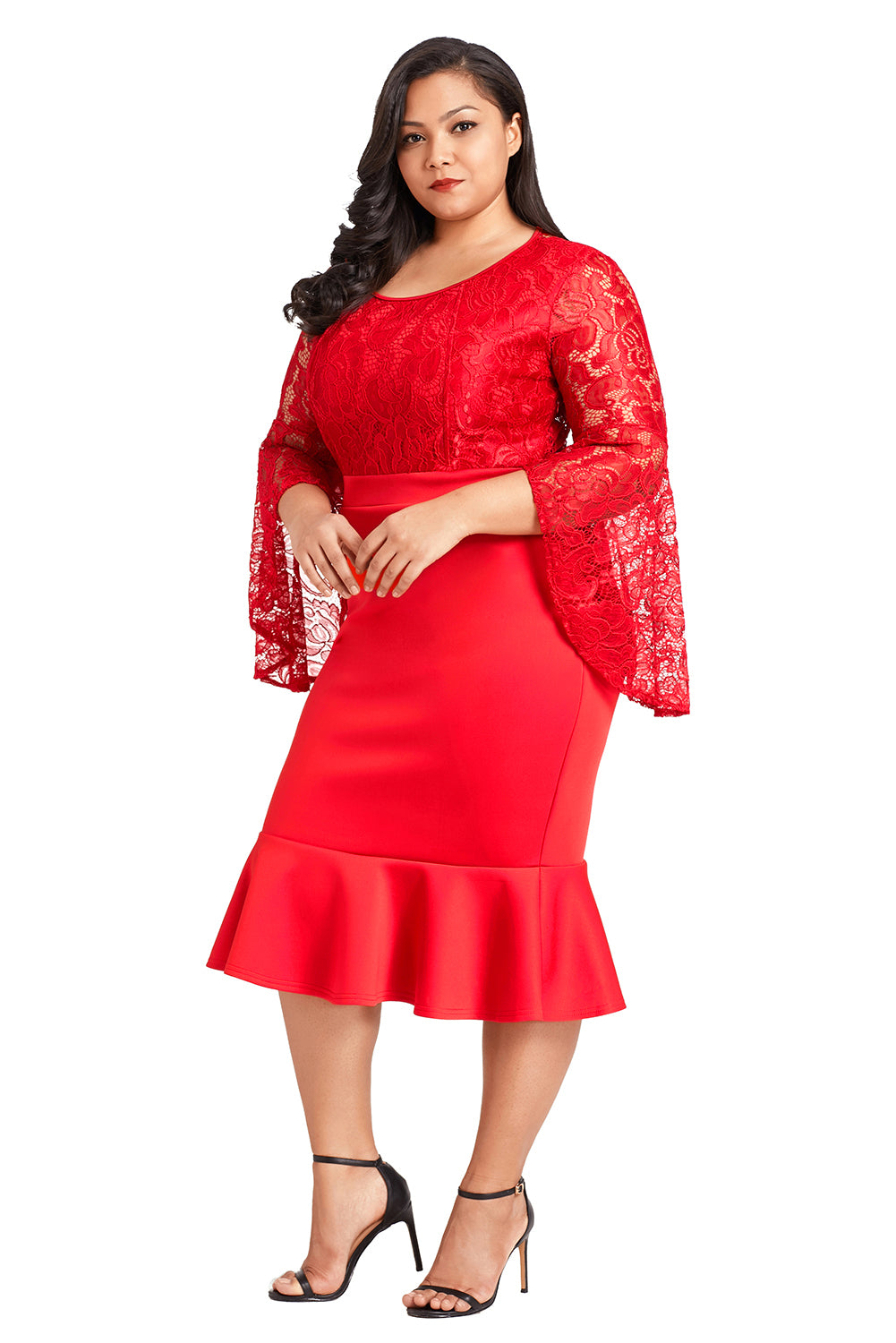 Sexy Red Plus Size Lace Bell Sleeve Mermaid Bodycon Dress ...