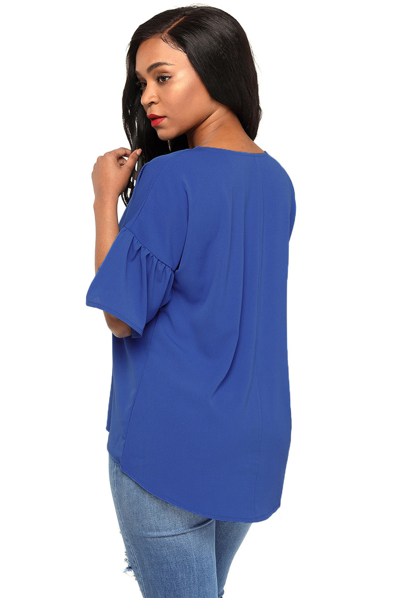 Sexy Royal Blue Short Bell Sleeves Sheer Chiffon Blouse – SEXY ...