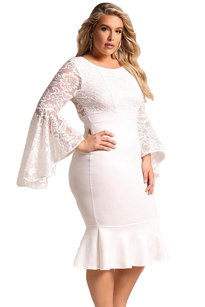 Sexy White Plus Size Lace Bell Sleeve Mermaid Bodycon Dress – SEXY ...