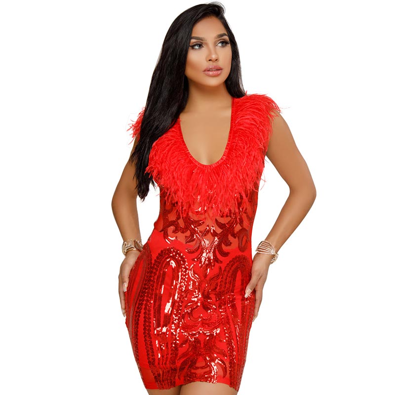 red sequin feather dress