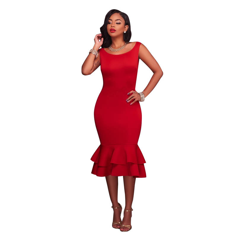 red midi ruffle dress