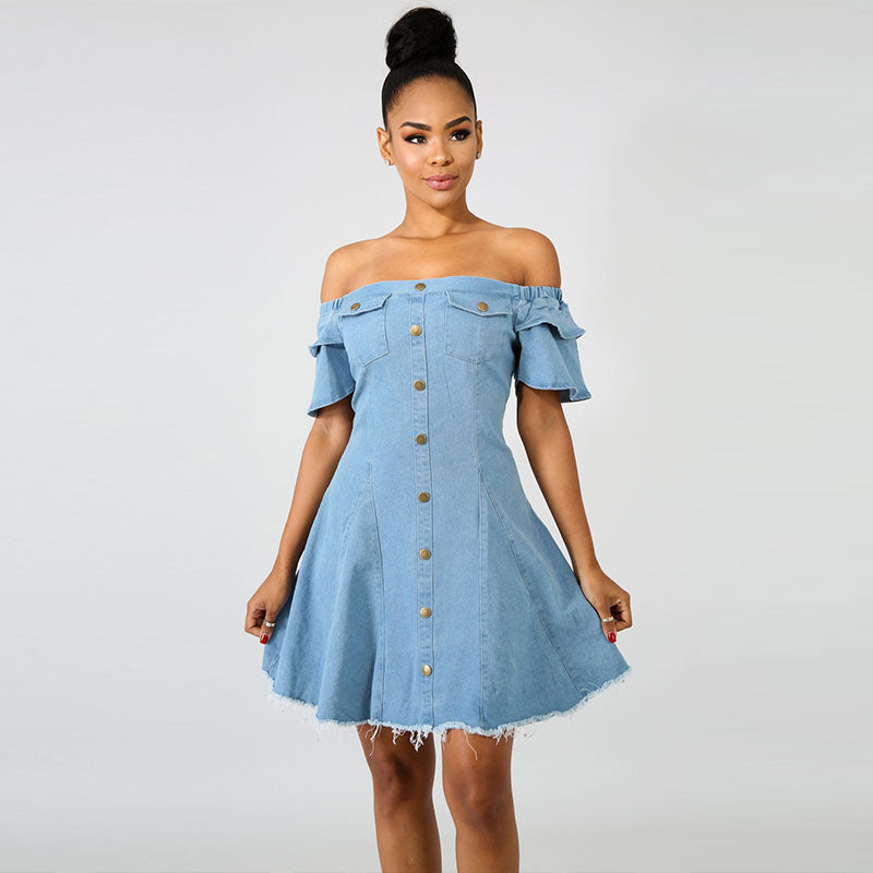 off the shoulder denim dress