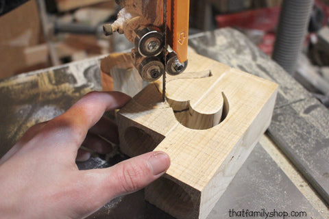 cutting out a rustic tealight candle holder on the bandsaw