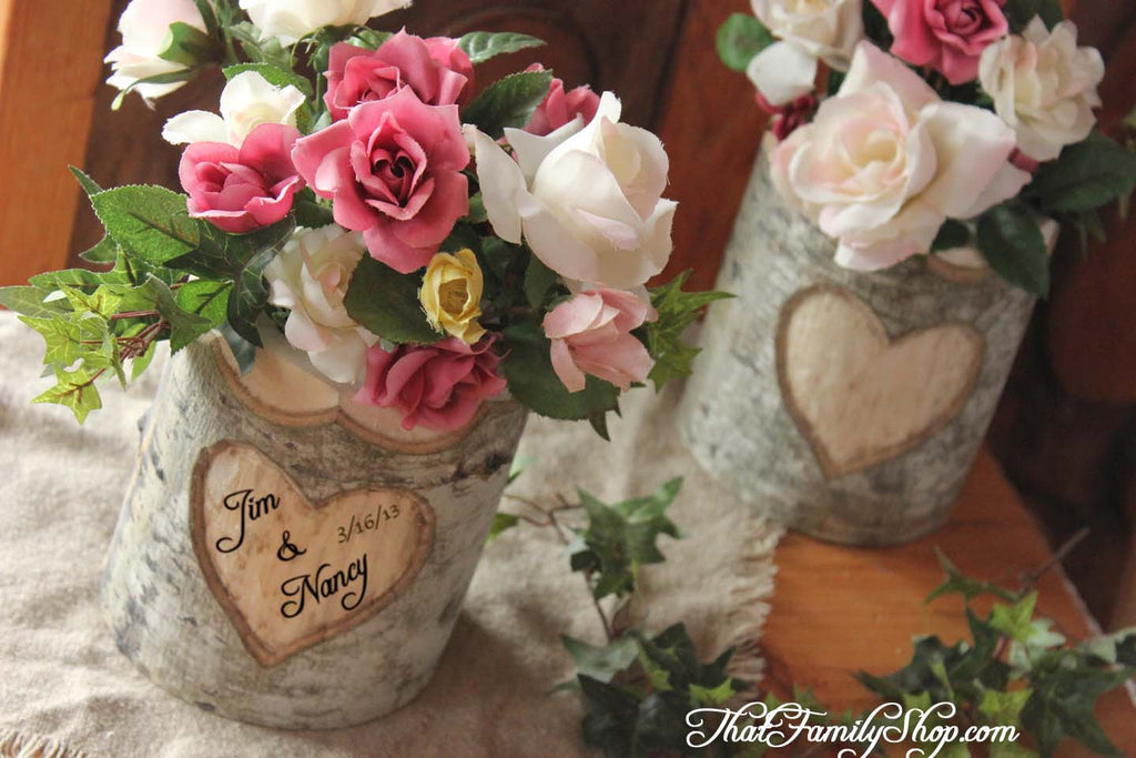 Rustic Wedding Log Flower Vase With YOUR Names/date