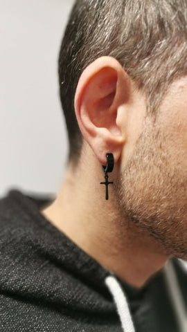 Pendientes de aro para hombre con cruz negros