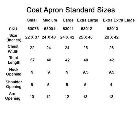 Coat Apron Standard Sizes