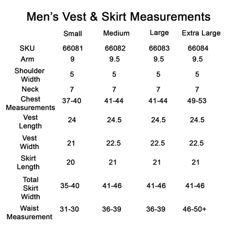 Men's Vest and Skirt Standard Sizes