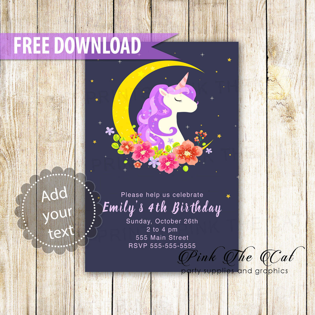 free unicorn invitation printable or digital pink the cat