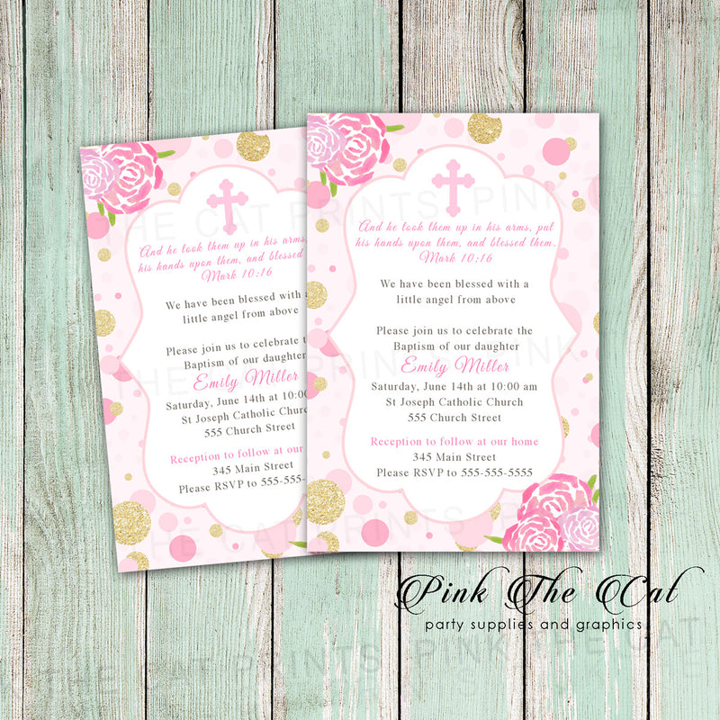 Floral baptism invitation girl christening pack with 25 cards – Pink ...