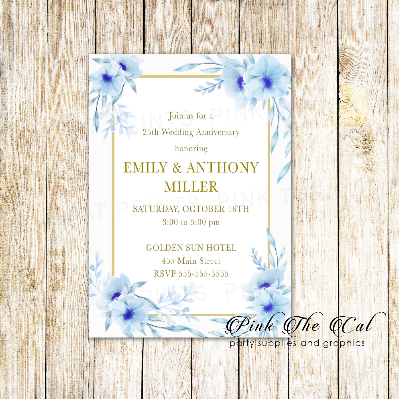100 Wedding Anniversary Invitations Floral Blue Gold Card