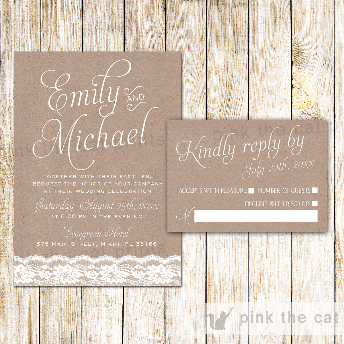 Lace Rustic Wedding Invitations & RSVP Cards - Pink The Cat