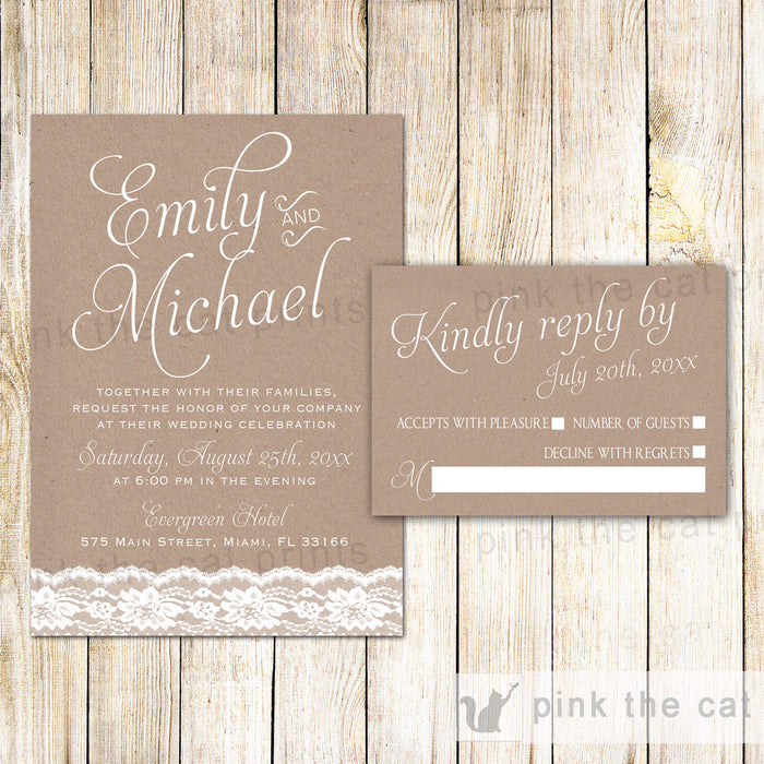 Lace Rustic Wedding Invitations & RSVP Cards – Pink the Cat