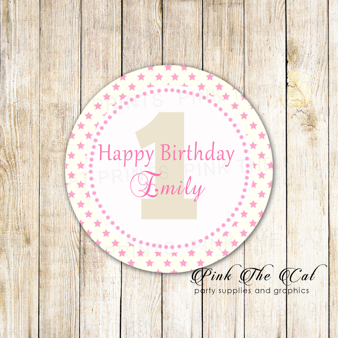 girl 1st birthday pink ivory stars favor label stickers printable pink the cat
