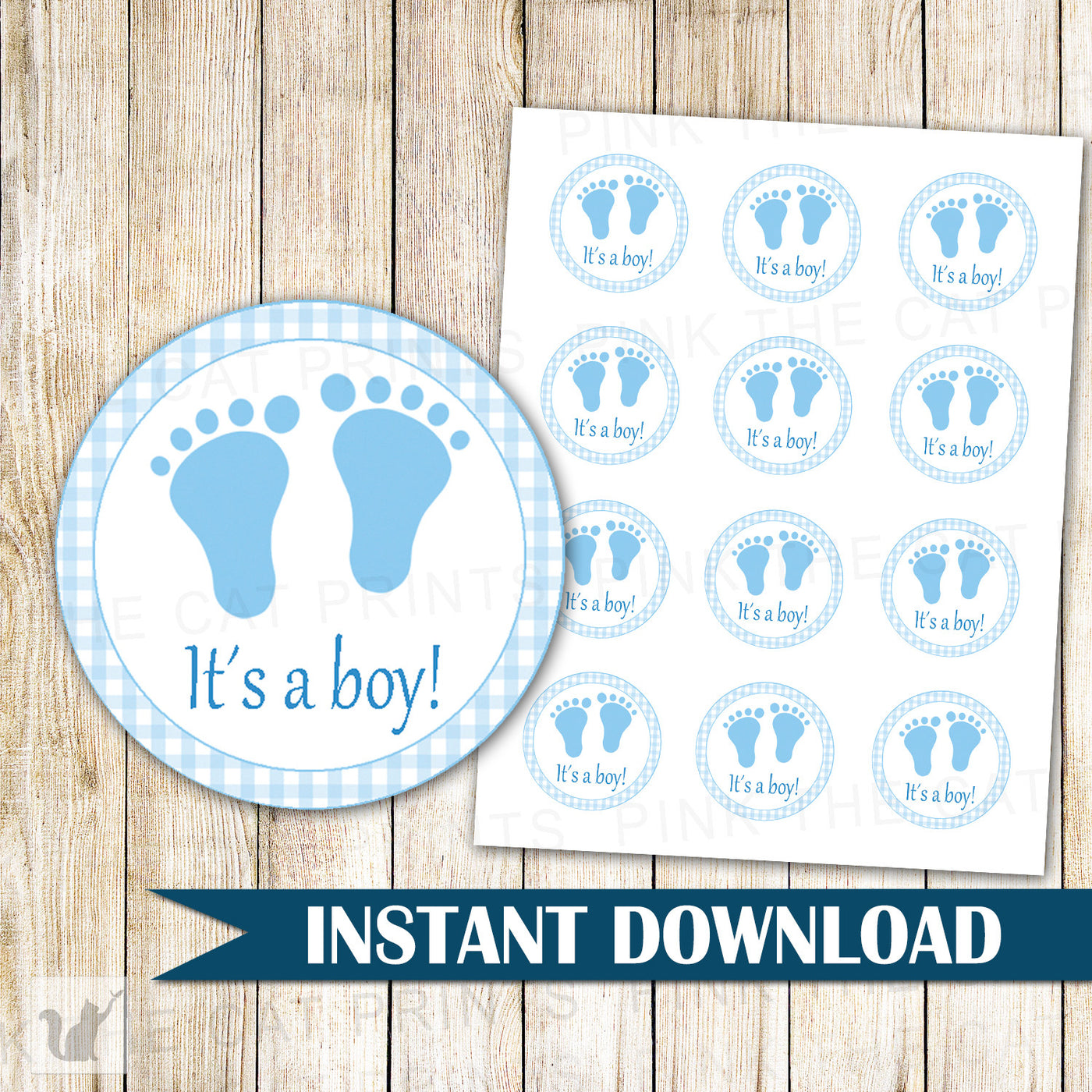 blue gingham favor label its a boy stickers baby boy shower pink the cat