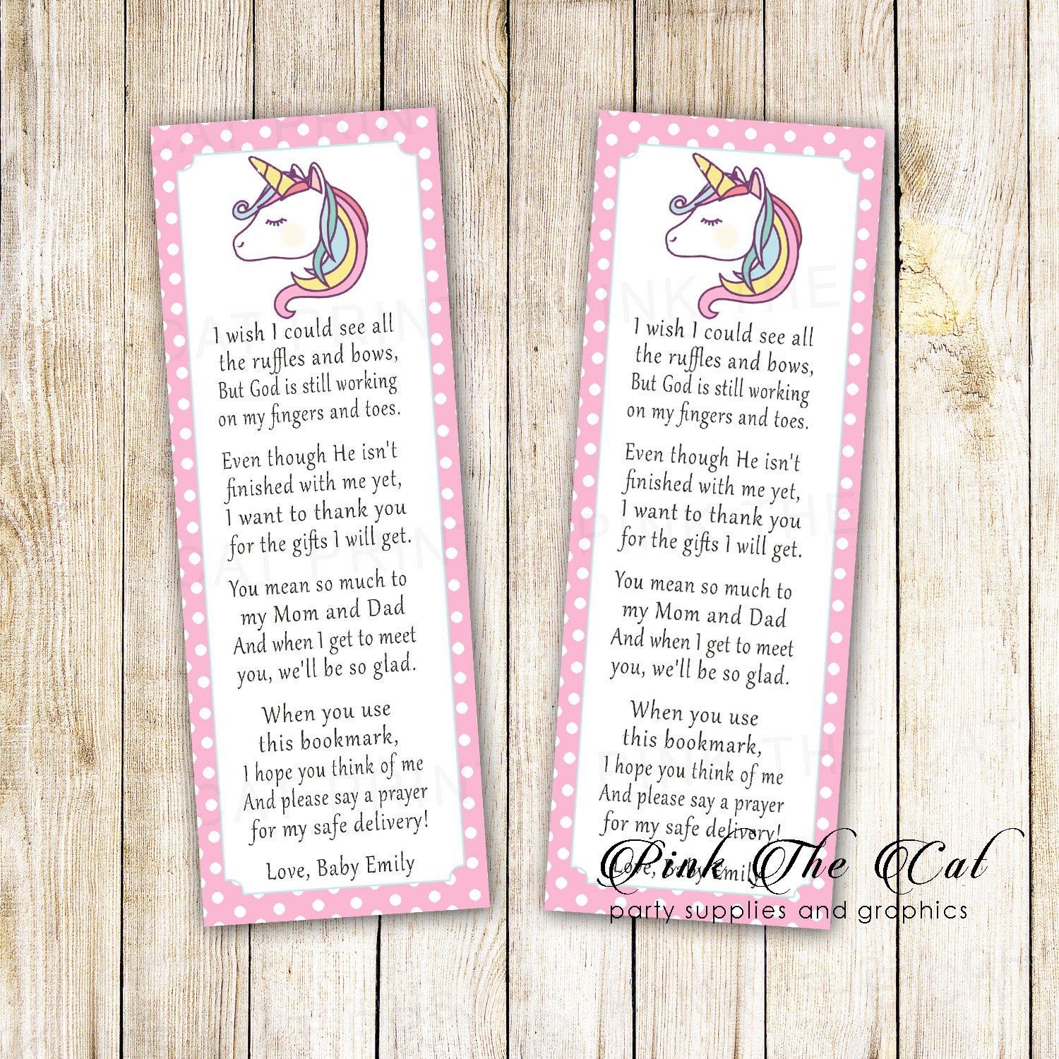 unicorn baby shower bookmarks rainbow pink printable personalized pink the cat