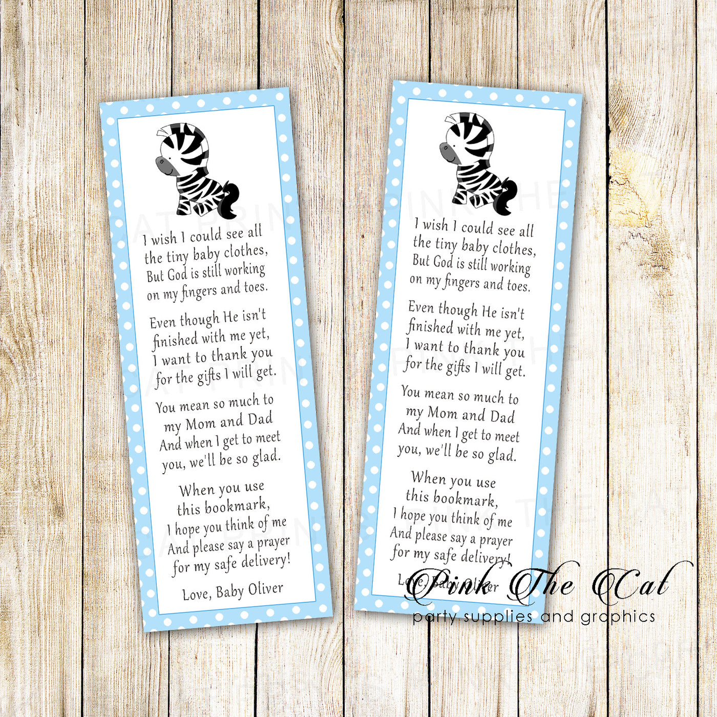 25 Bookmarks Blue Zebra Boy Baby Shower Personalized With Name Pink The Cat