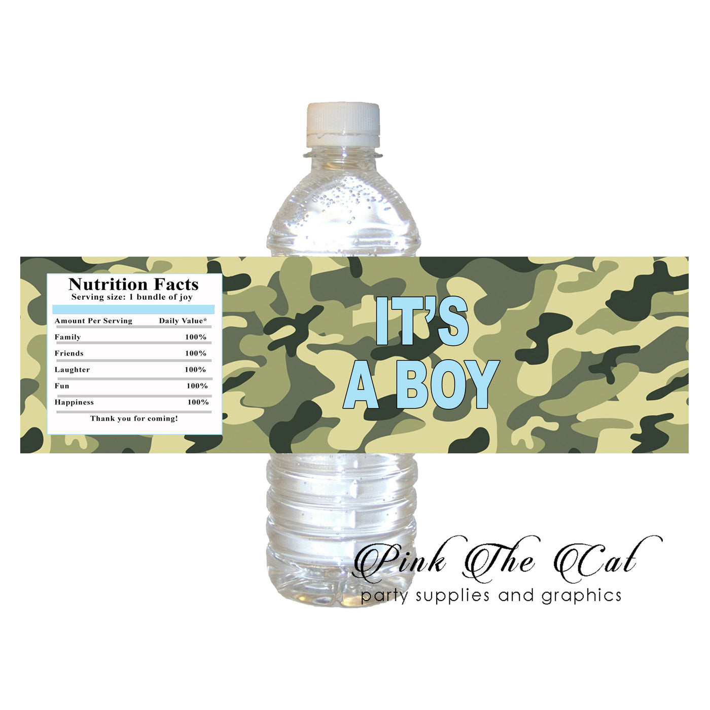 60 Camo Bottle Label Boy Baby Shower Favors Army Blue Green Pink The Cat