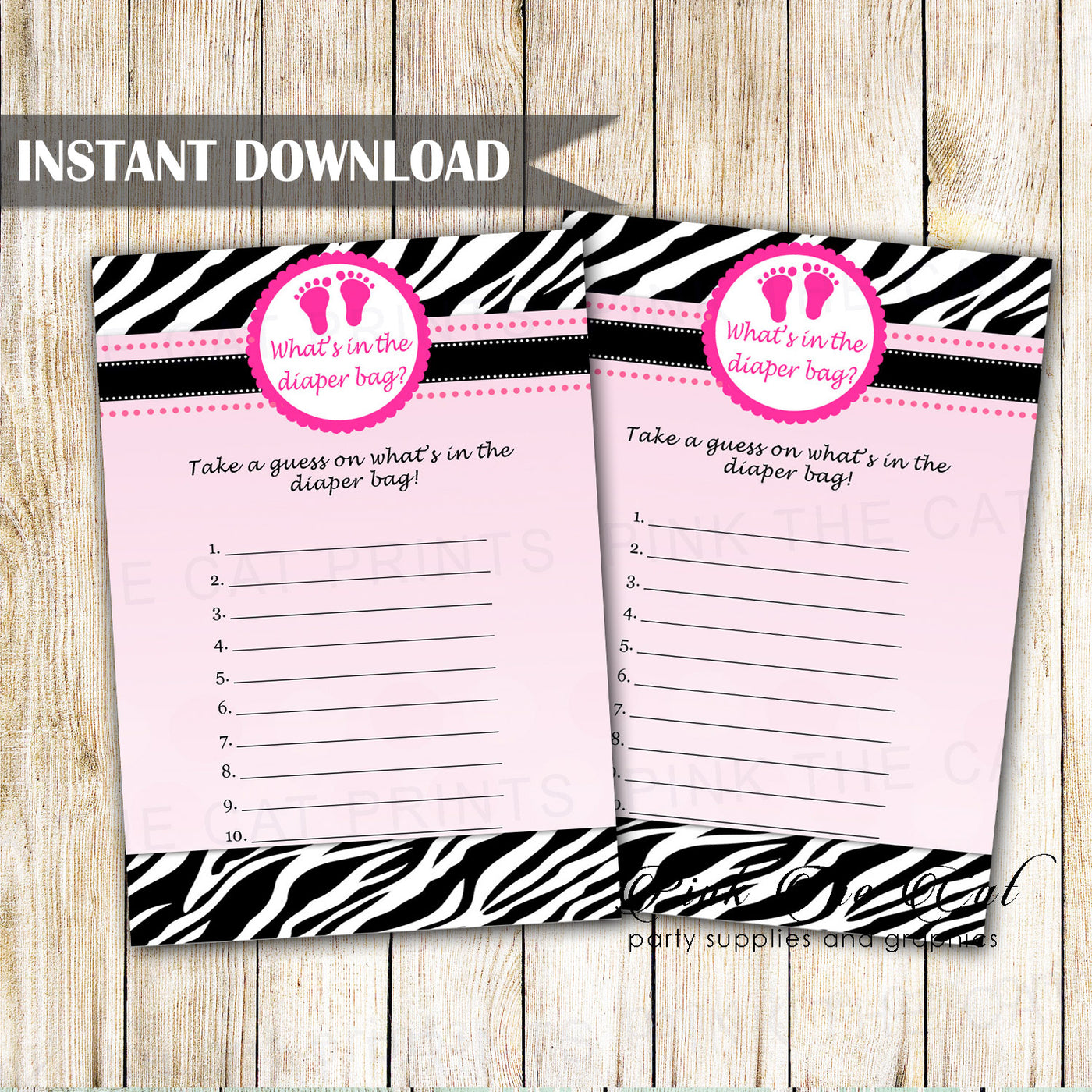 Baby Shower Game Whats In The Diaper Bag Pink Zebra Printable Pink