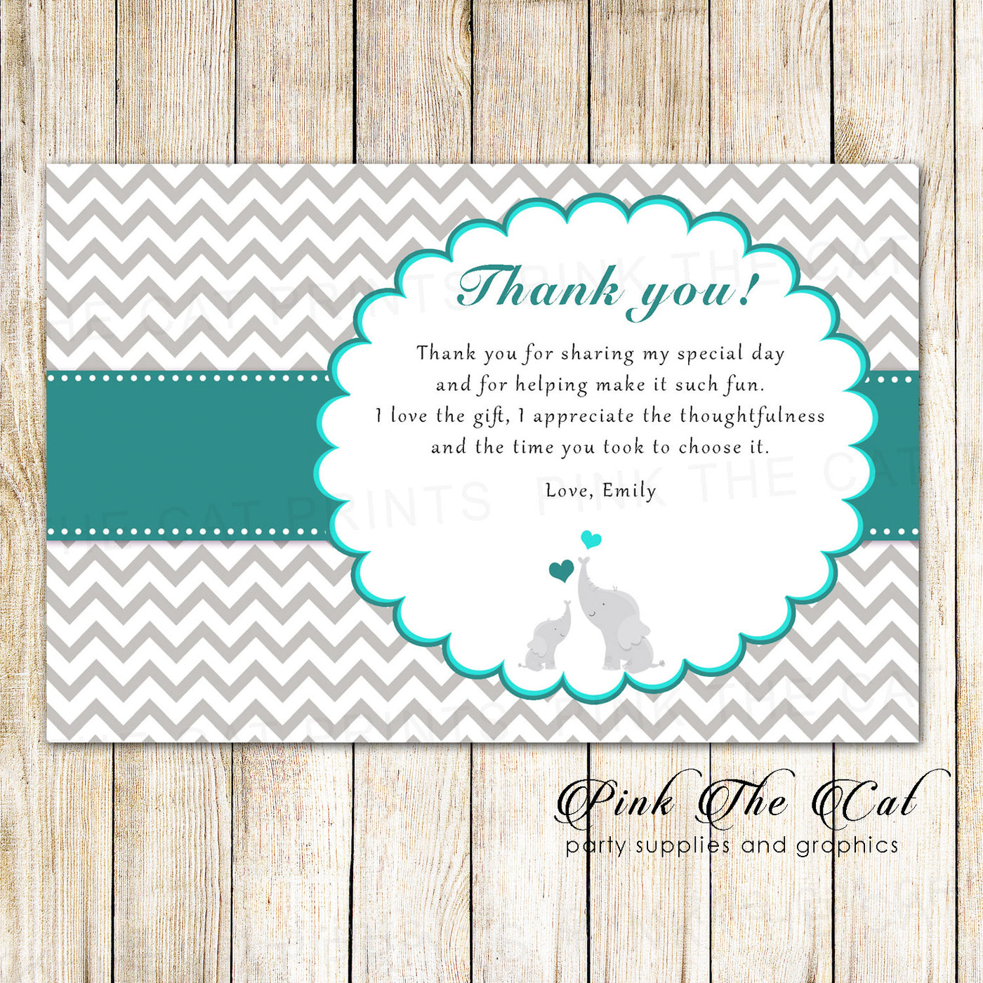 Teal Silver Elephant Thank You Note Card Baby Shower Printable Pink The Cat