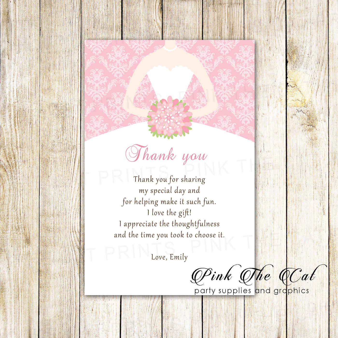 Bridal Shower Thank You Card Pink Dress Sweet 16 Quinceanera Printable Pink The Cat