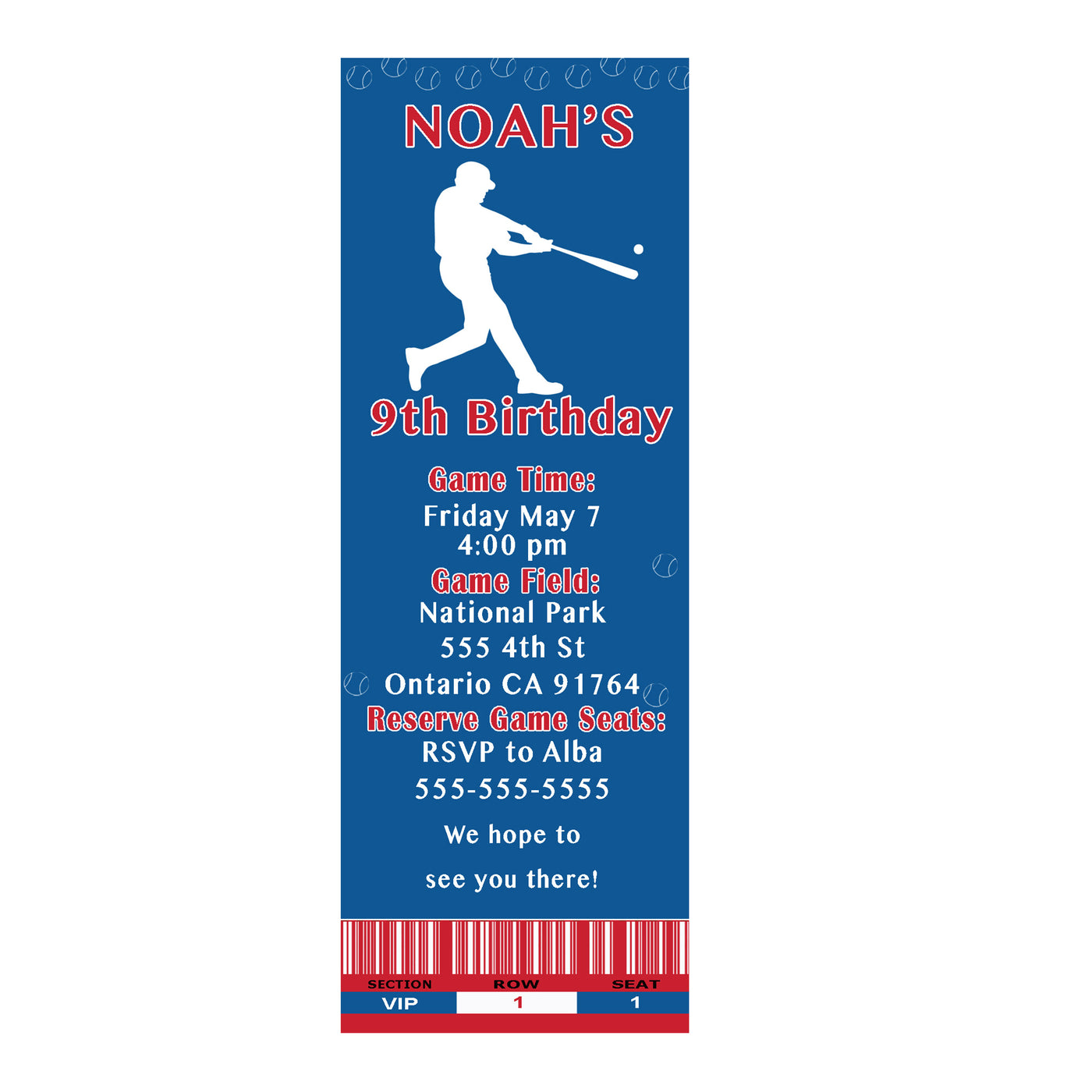 baseball ticket invitation card blue red printable personalized pink the cat