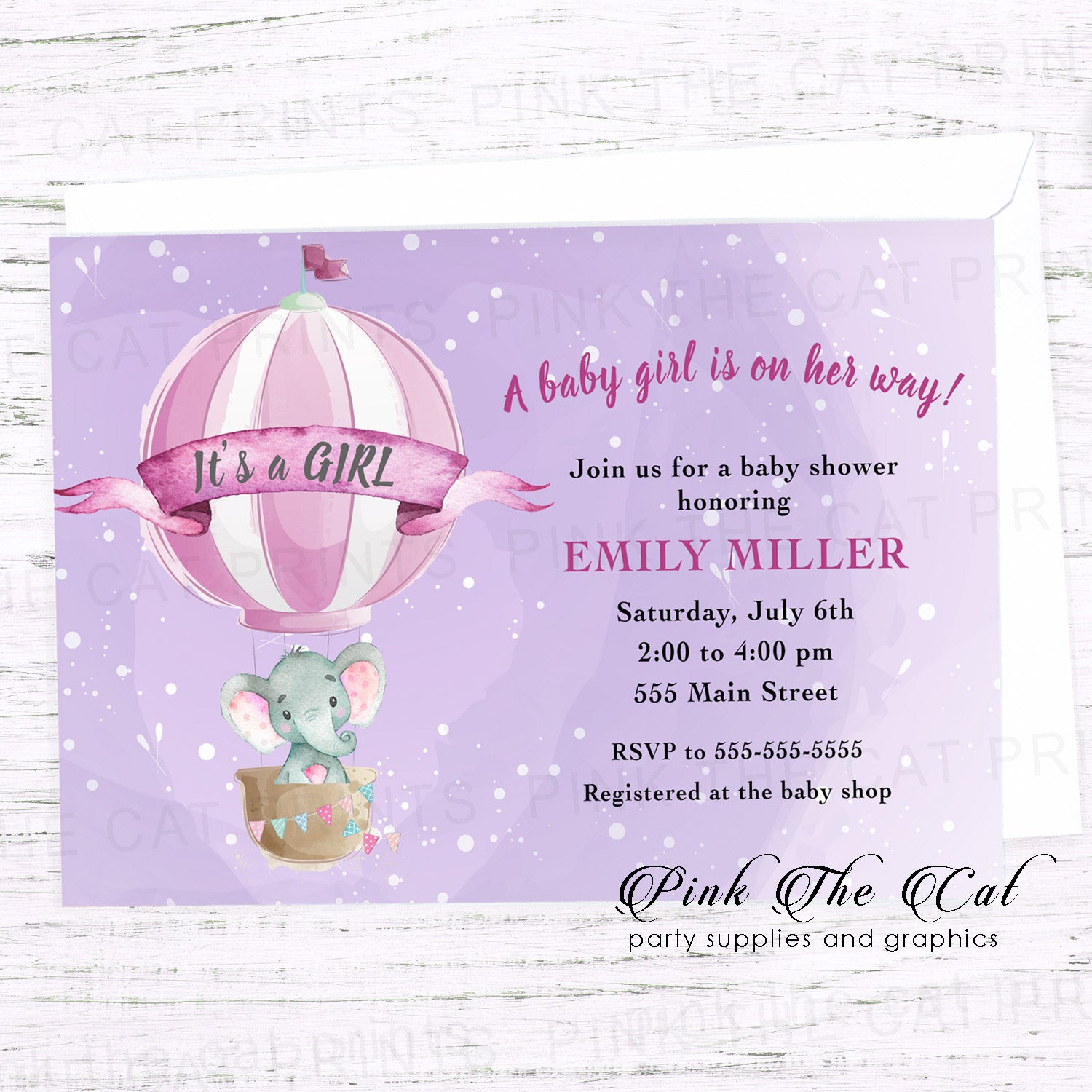 Personalised Baby Shower Party Invitations Pink Hot Air 