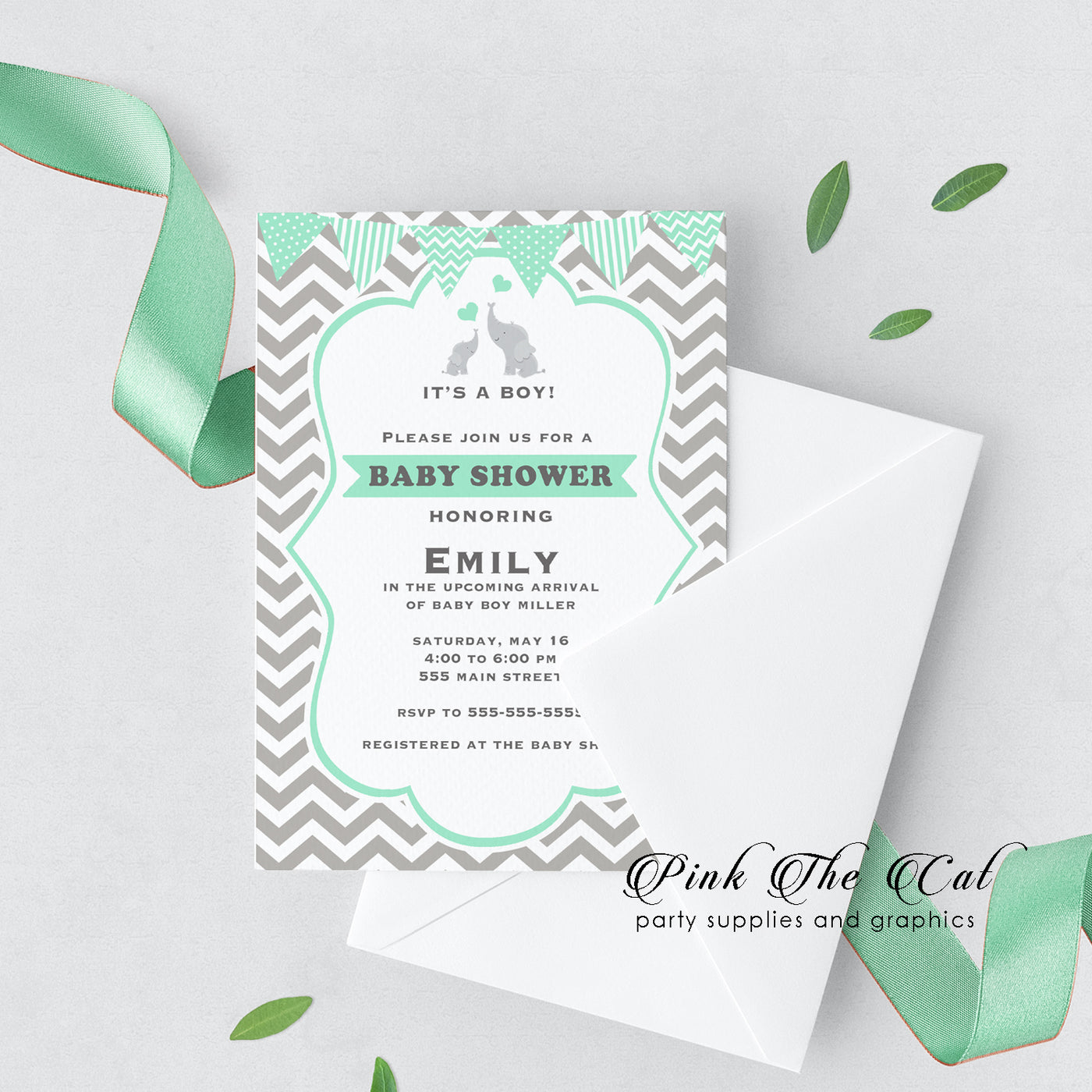 30 Elephant Invitations Mint Green Silver Baby Shower Gender