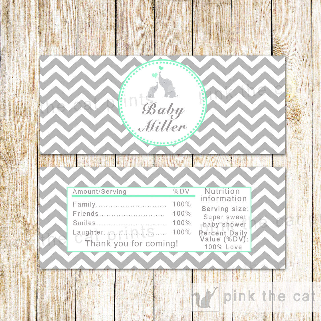 Elephant Candy Bar Label Wrapper Baby Shower Mint Grey Pink The Cat