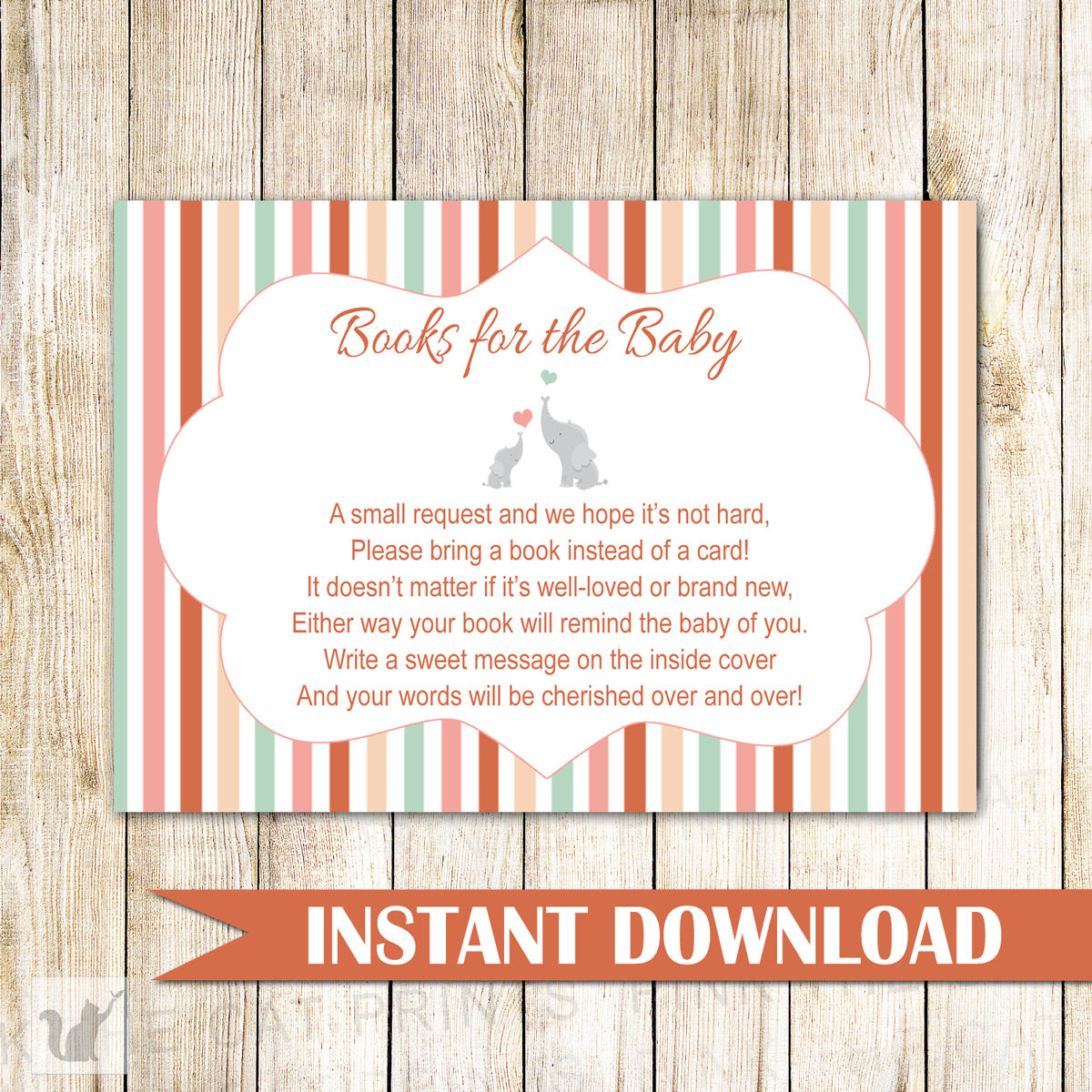 Bring a Book Instead Of a Card Elephant Baby Shower Orange Printable - Pink the Cat