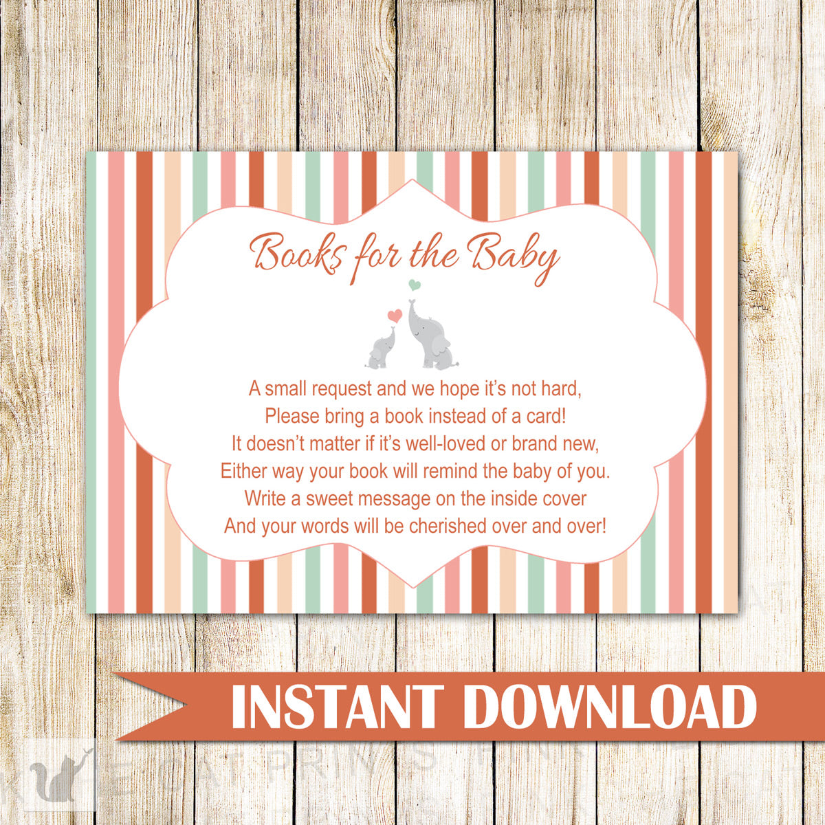 Bring A Book Instead Of A Card Elephant Baby Shower Orange Printable 