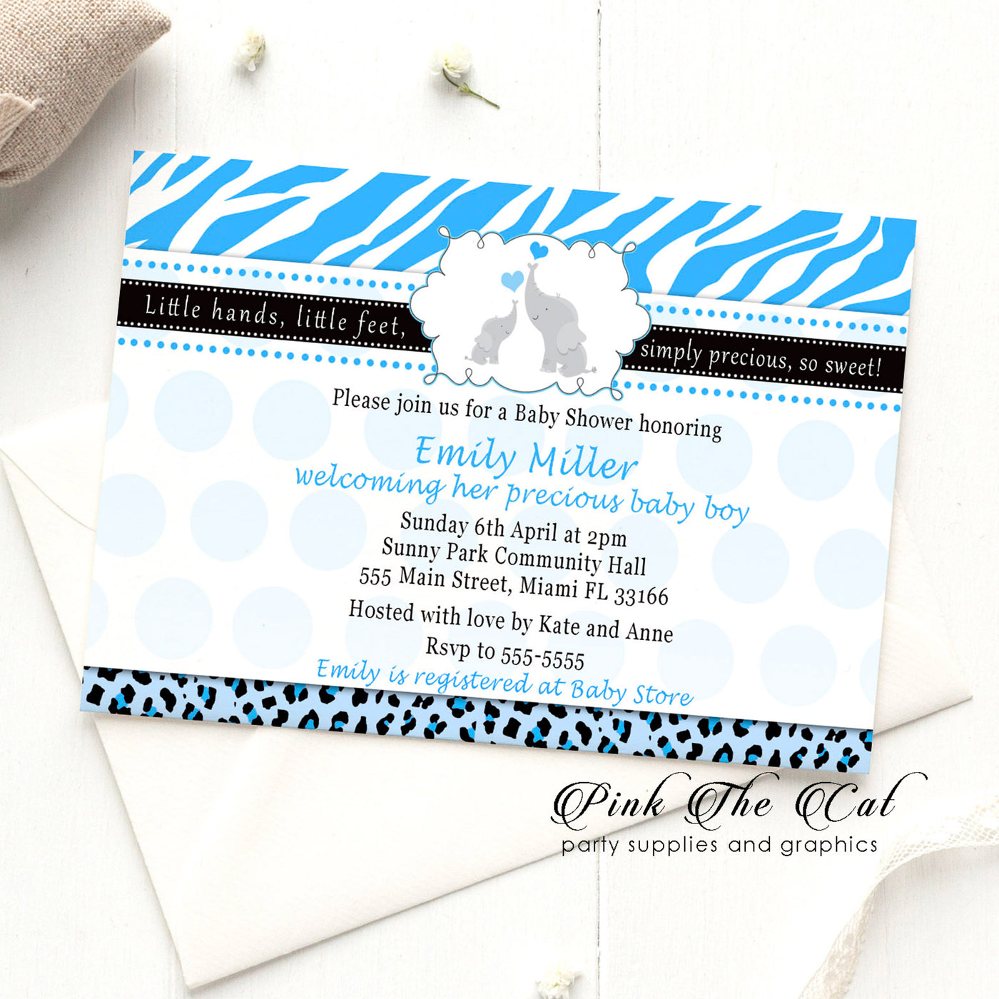 Elephant Baby Shower Invitation Blue Zebra Pink The Cat