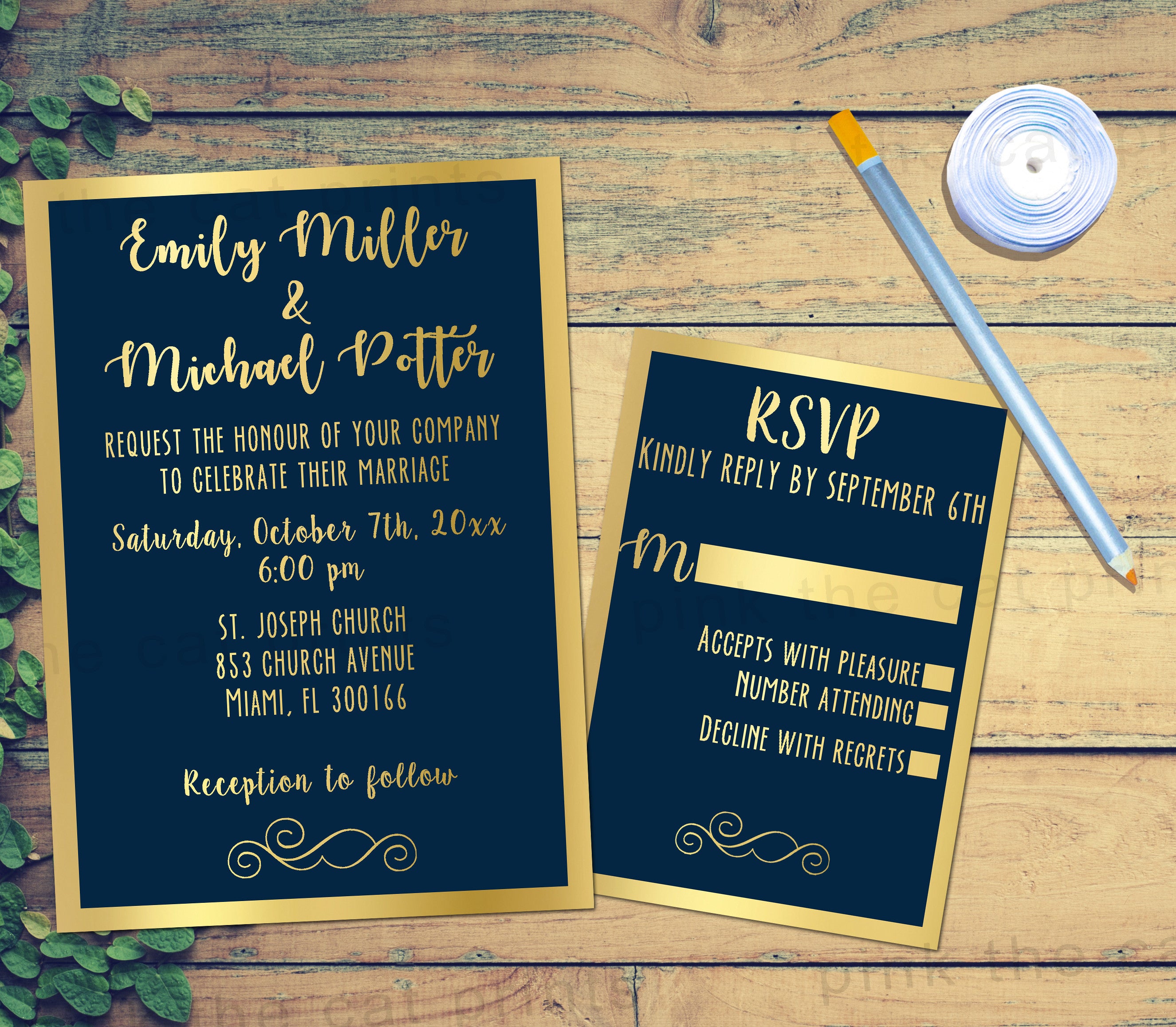 100 Printed Gold Navy Blue Wedding Invitations Rsvp Cards Glitter Pink The Cat