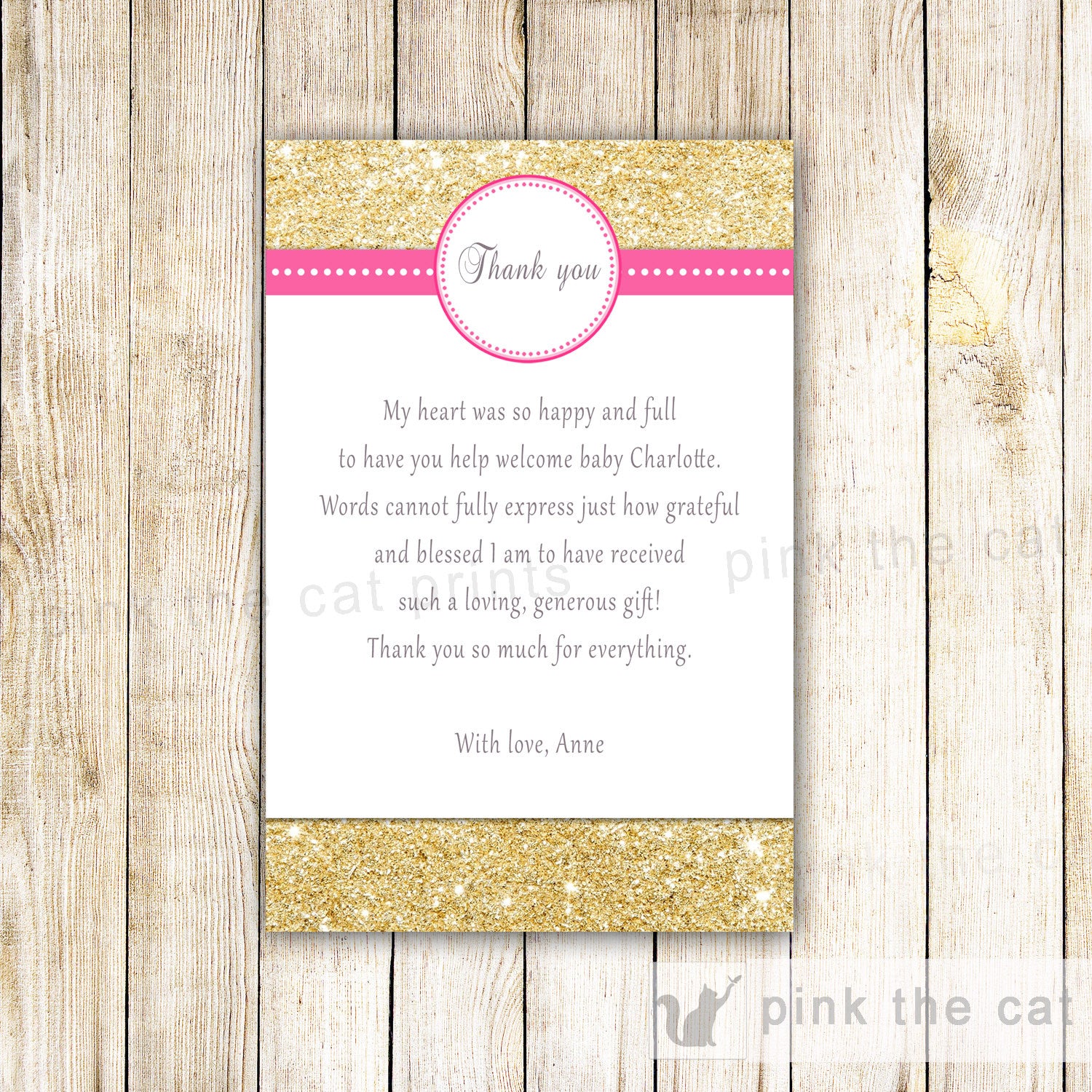 Baby shower party glitter gold THANK YOU card printable in orange stripe  theme for girls or boys, digital jpg pdf, instant download - bs003