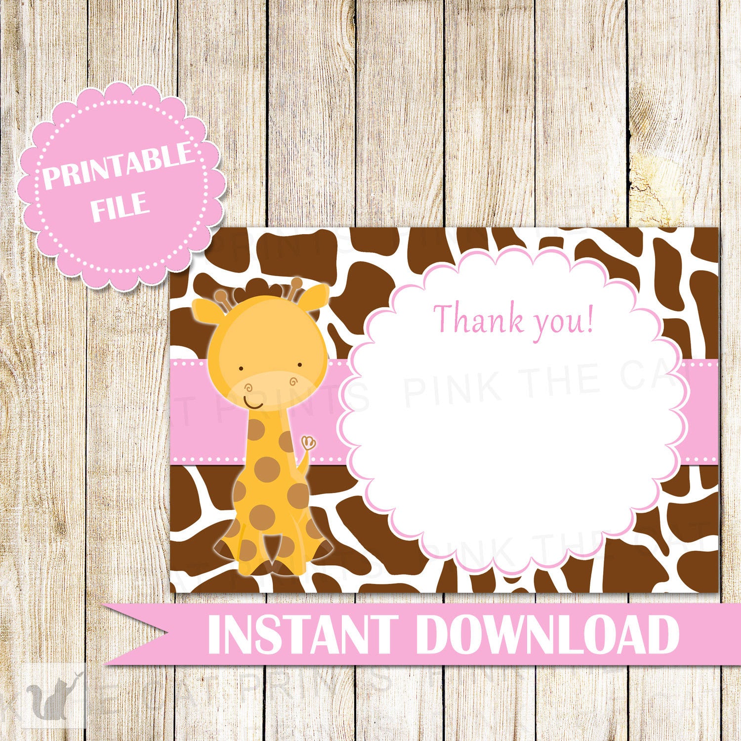 Giraffe THANK YOU card, baby shower boy or girl theme printable, brown  yellow thank you, digital files, jpg pdf, instant download - sa001