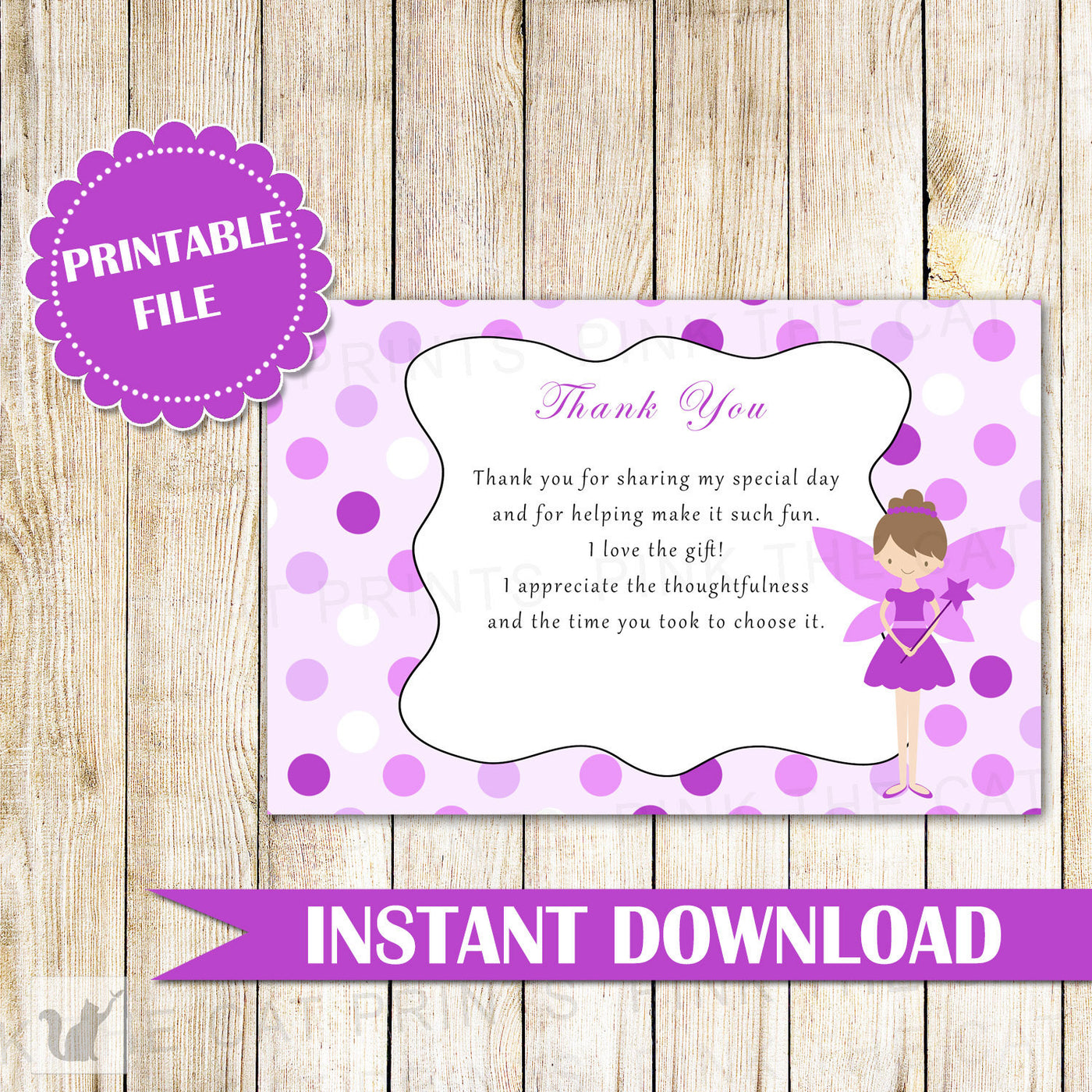 Fairy Thank You Card Note Birthday Baby Shower Purple – Pink the Cat