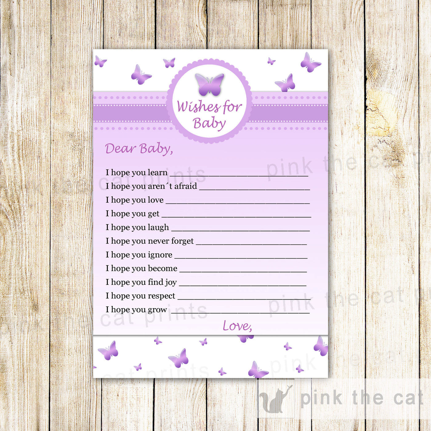 Wishes For Baby Card Purple Butterfly Pink The Cat