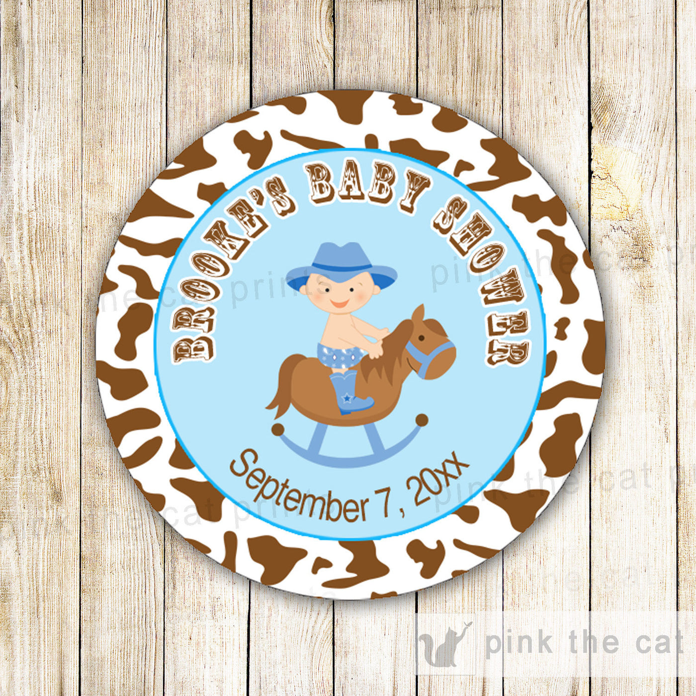 Cowboy Baby Boy Shower Thank You Tag Label Sticker Pink The Cat