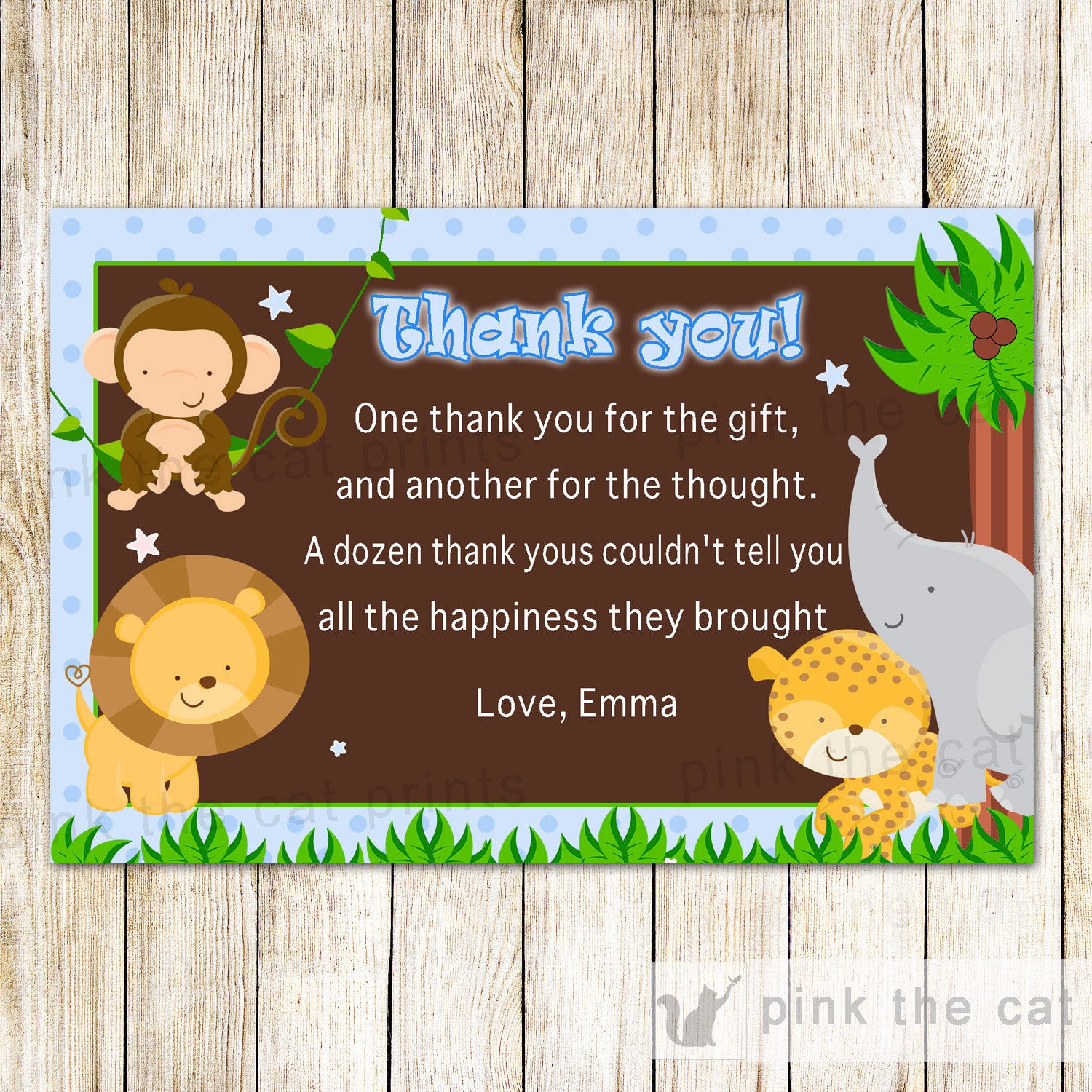 Jungle Thank You Card Baby Boy Shower Birthday Blue – Pink the Cat