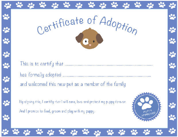 Certificate of Adoption Puppy Birthday Party Blue – Pink the Cat