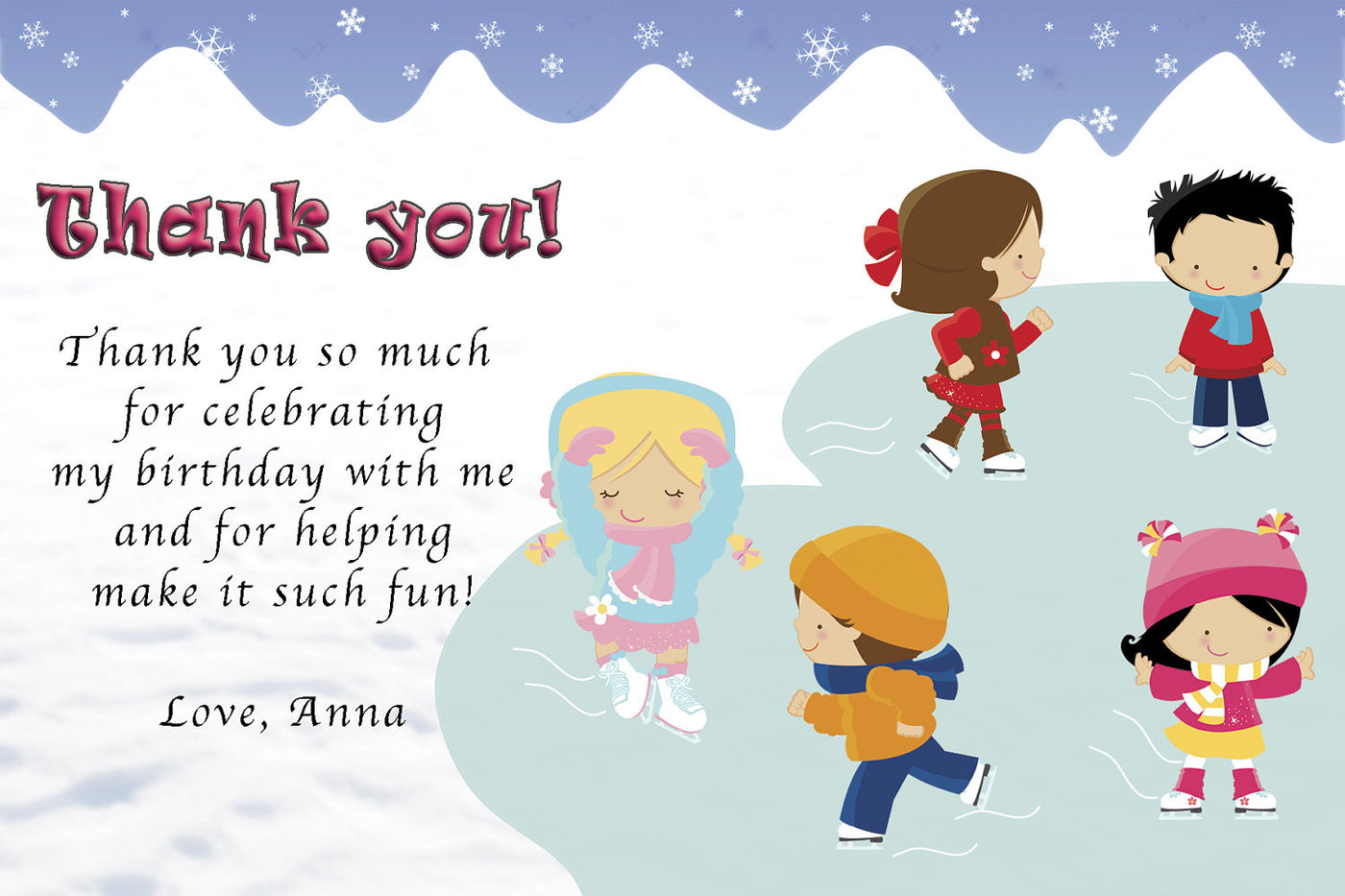 Iceskating Thank You Card Note Kids Birthday