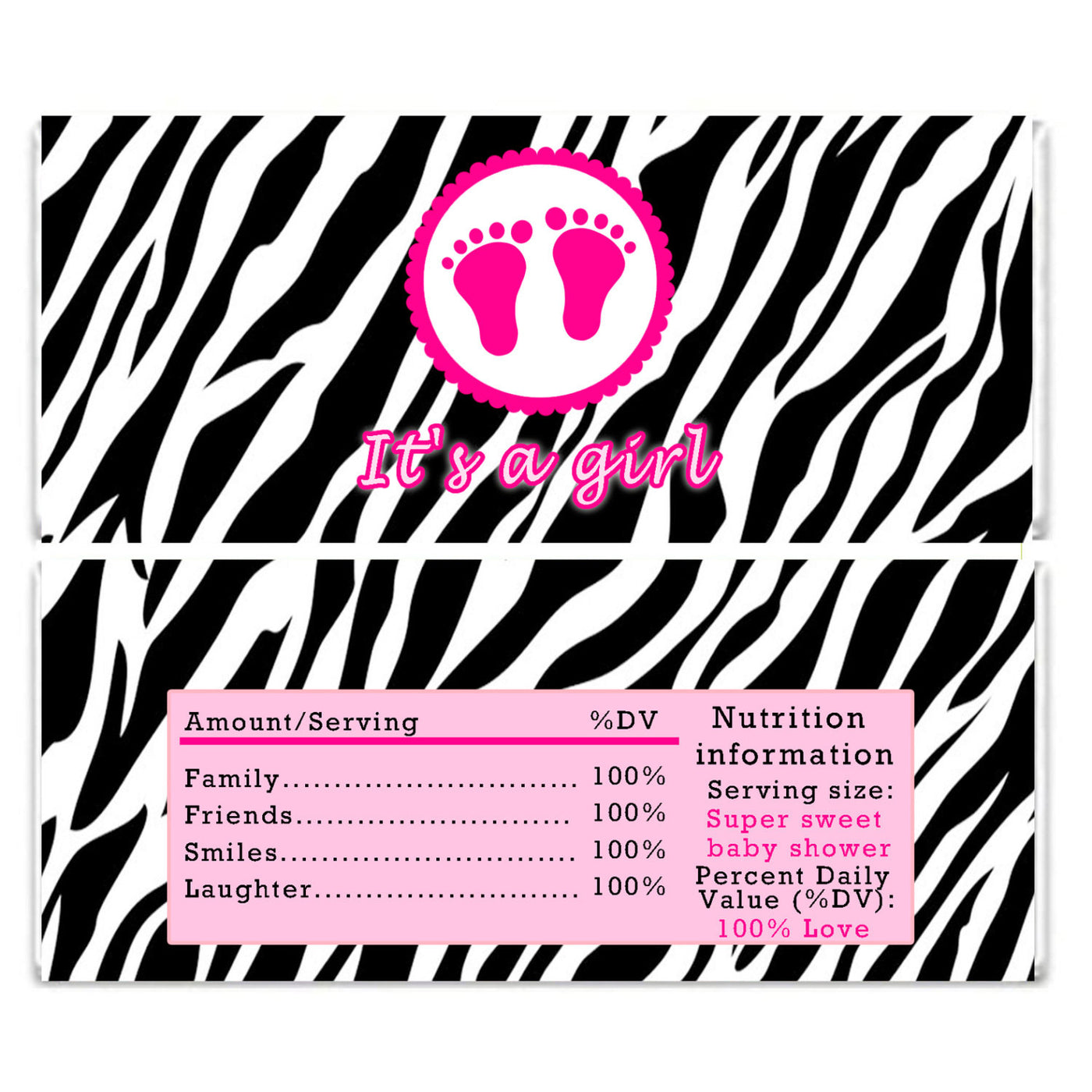 Pink Black Footprints Zebra Baby Shower Candy Bar Wrapper