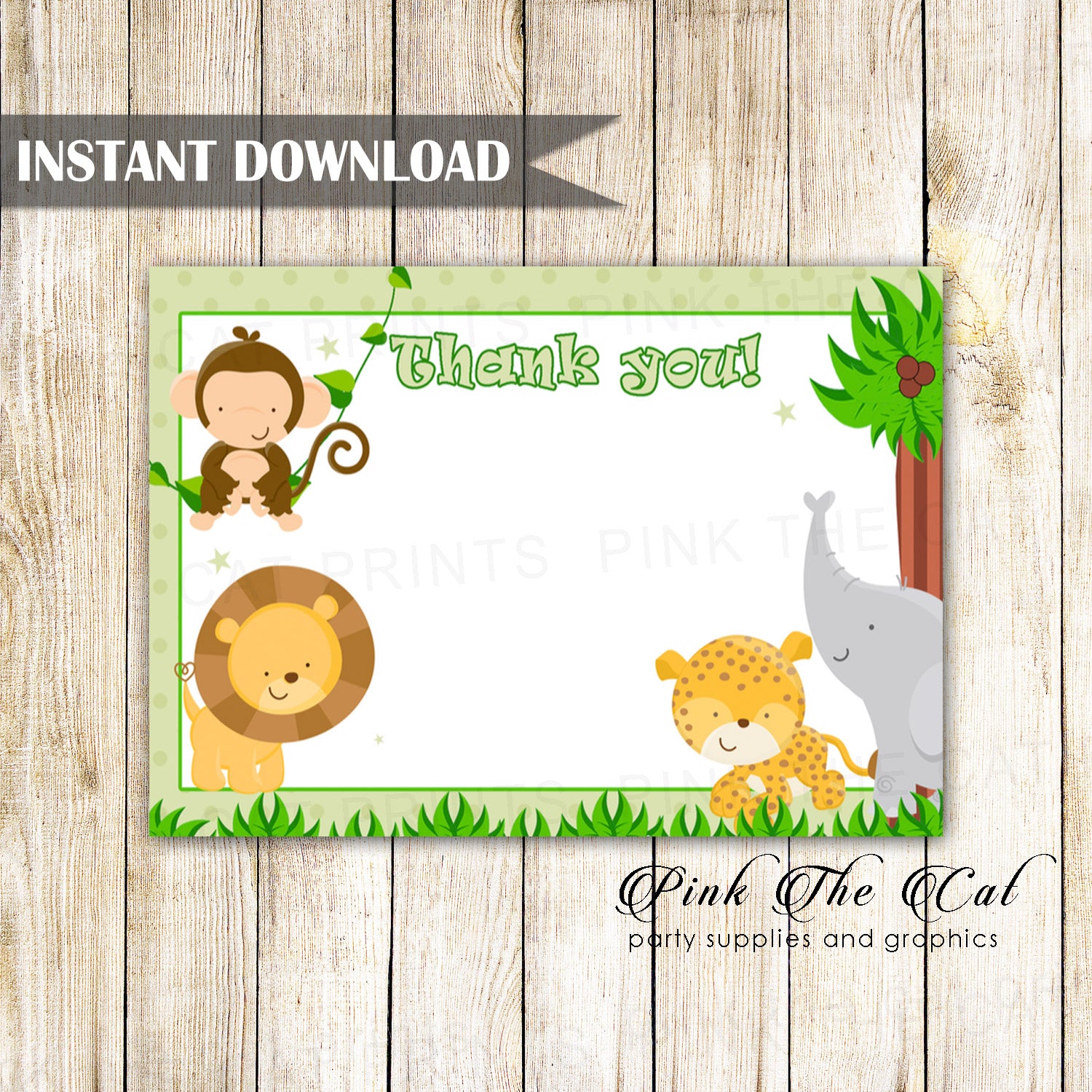 Jungle Thank You Card Note Baby Shower Boy Birthday Blue – Pink the Cat