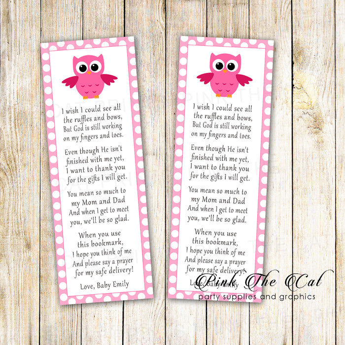 pink owl bookmarks baby shower favors name personalized